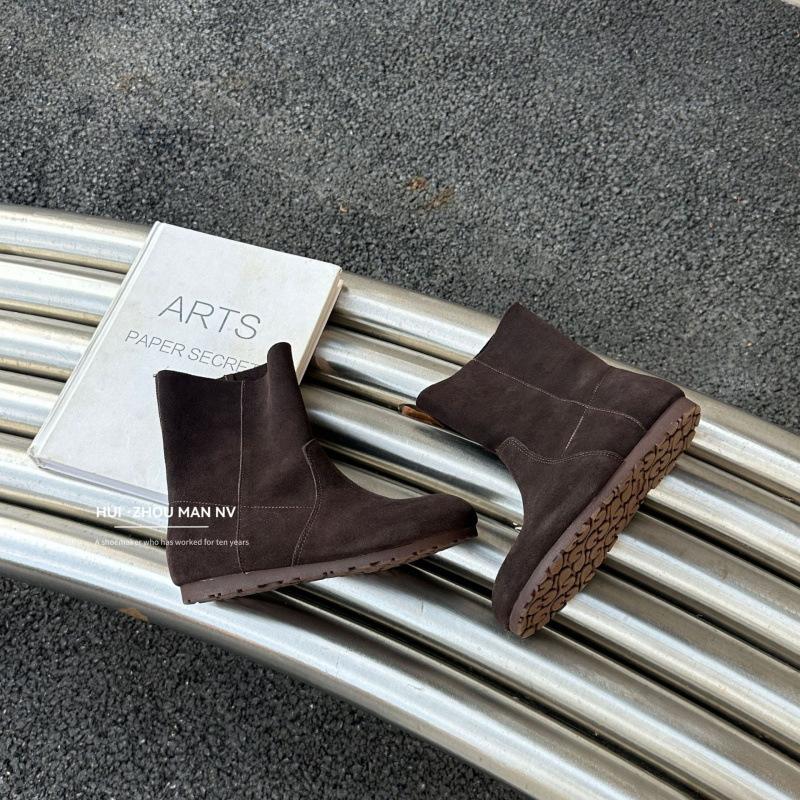 The first layer of cowhide~ genuine leather retro matte round-headed short boots women's soft-soled boots two wear flat-bottomed Martin boots