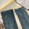 Elastic Women's High-Waisted Micro-Flare Jeans, Patchwork Blue-Gray, Floor-Length Bell Bottom.