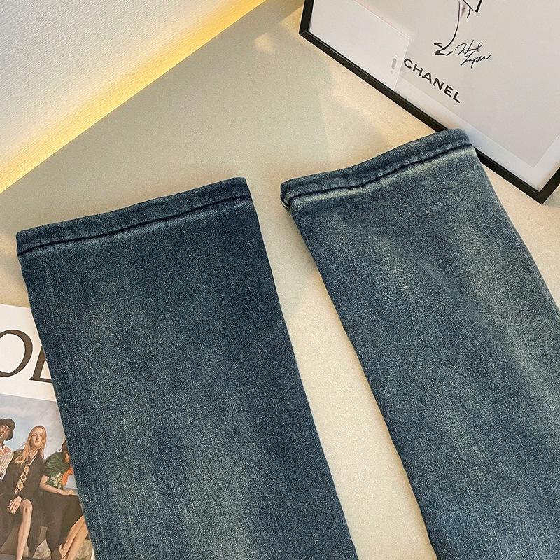 Elastic Women's High-Waisted Micro-Flare Jeans, Patchwork Blue-Gray, Floor-Length Bell Bottom.