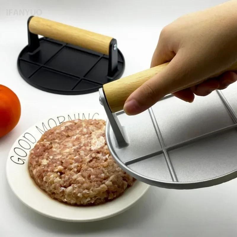 Cast Iron Burger Press Outdoor Non Stick Aluminum Alloy Rotundity Hand Meat Burger Press with Wooden Handle for Home Kitchen BBQ