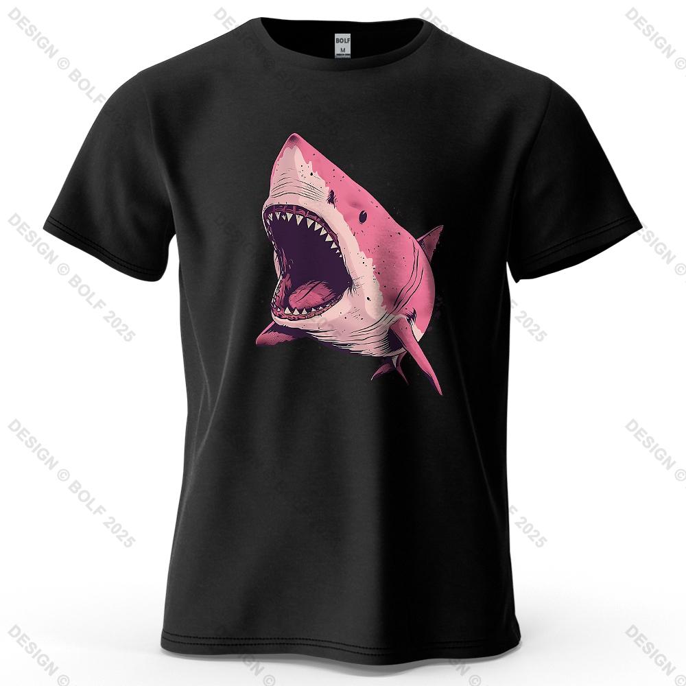 Pink Shark Cartoon Pattern Printed Short Sleeved Summer New Personalized Unisexs and Womens Casual Soft Skin Friendly Tshirt