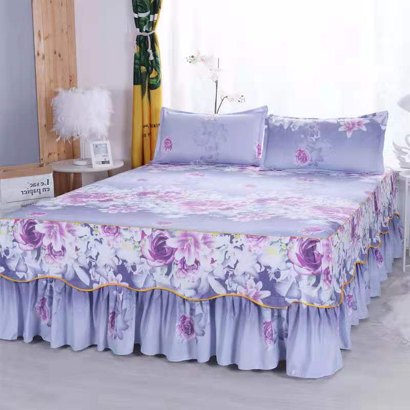 Fashion Soft Sanding Bedspread Anti-skip Wedding Bed skirt Queen King Size No Pilling Fitted Sheet Cover Double Layer Bed Cover