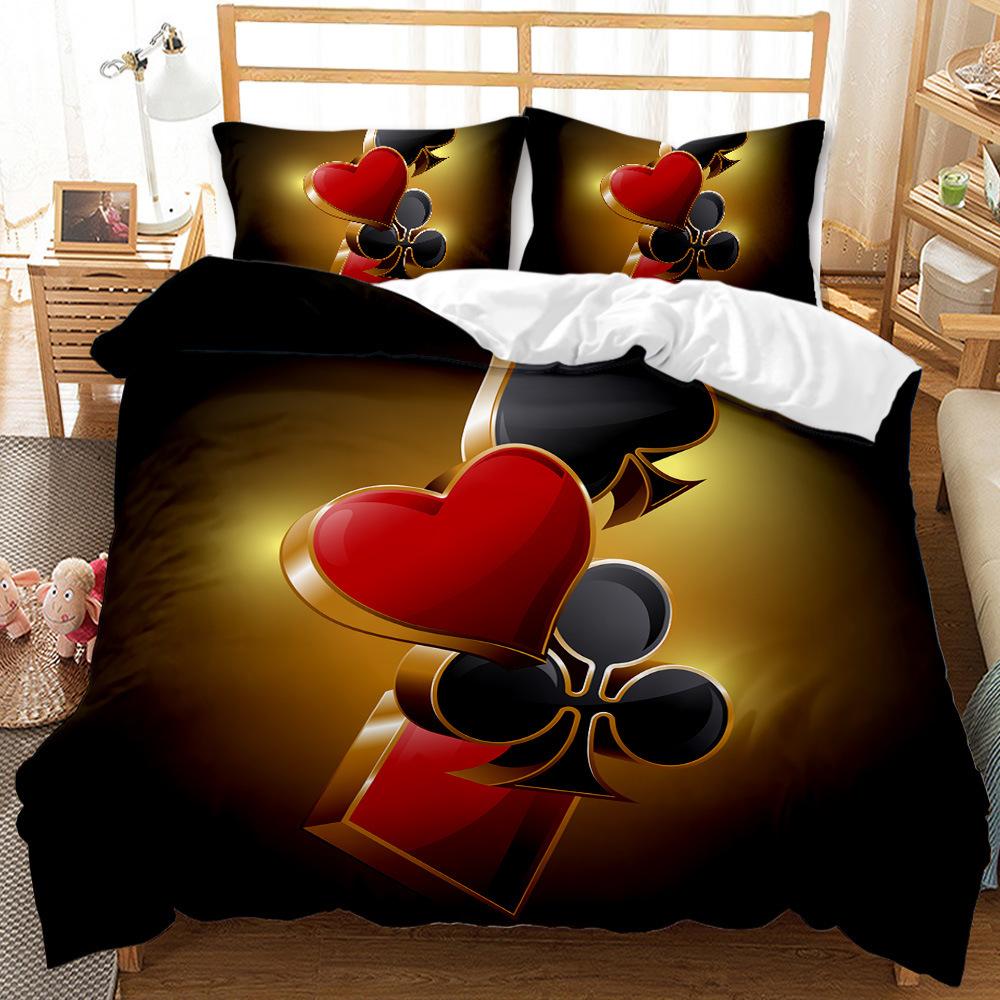 Cool Card Heart Plum Blossom Black Quilt Cover Three-Piece 3D Digital Printing Abrasive Bedding
