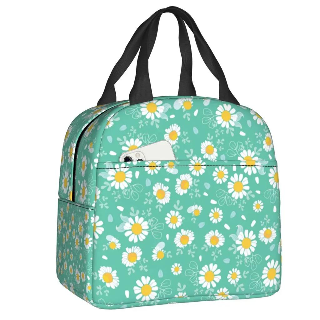 Floral Daisy Print Insulated Lunch Bag for Women Chamomile Flowers Cooler Thermal Lunch Tote Box Portable Picnic Food Bento Bags