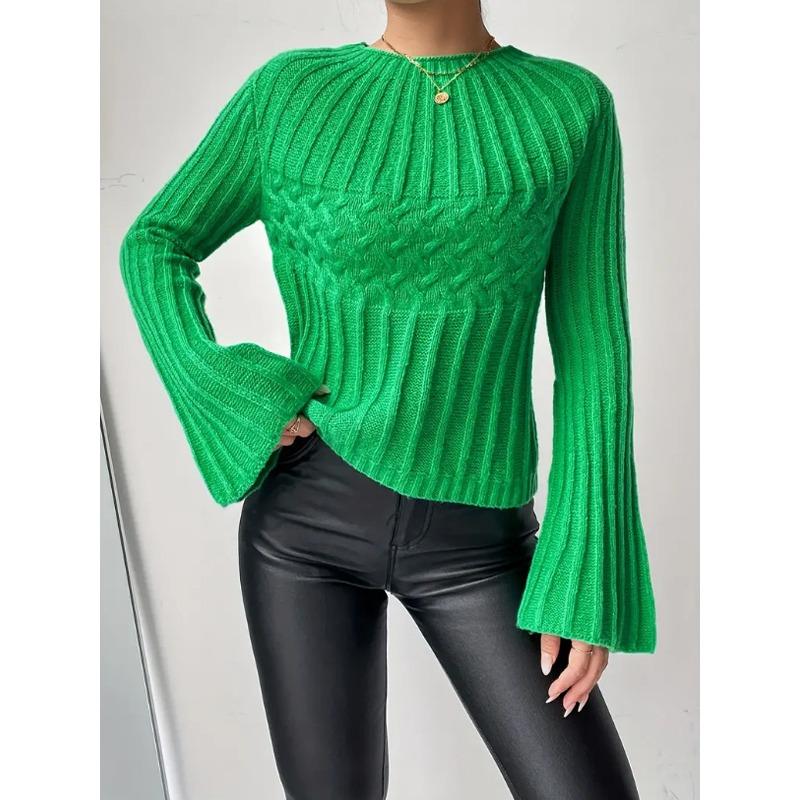 

весна осень Вязаные свитера рукав клеш свободный джемпер топы женские О-образный вырез женский повседневный однотонный свитер базовый пуловер женский XL