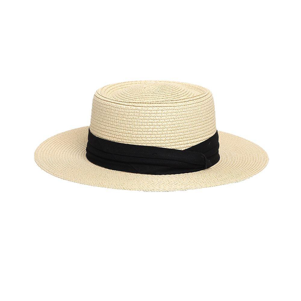 Women's French Summer Straw Hat, Large Brim, Ribbon, Flat Top, Outdoor Travel Sun Protection