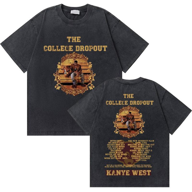 Washed Vintage Rapper Kanye West The College Dropout Double Sided Print Tshirts Mens West T Shirt Men Oversized Hip Hop Tshirt