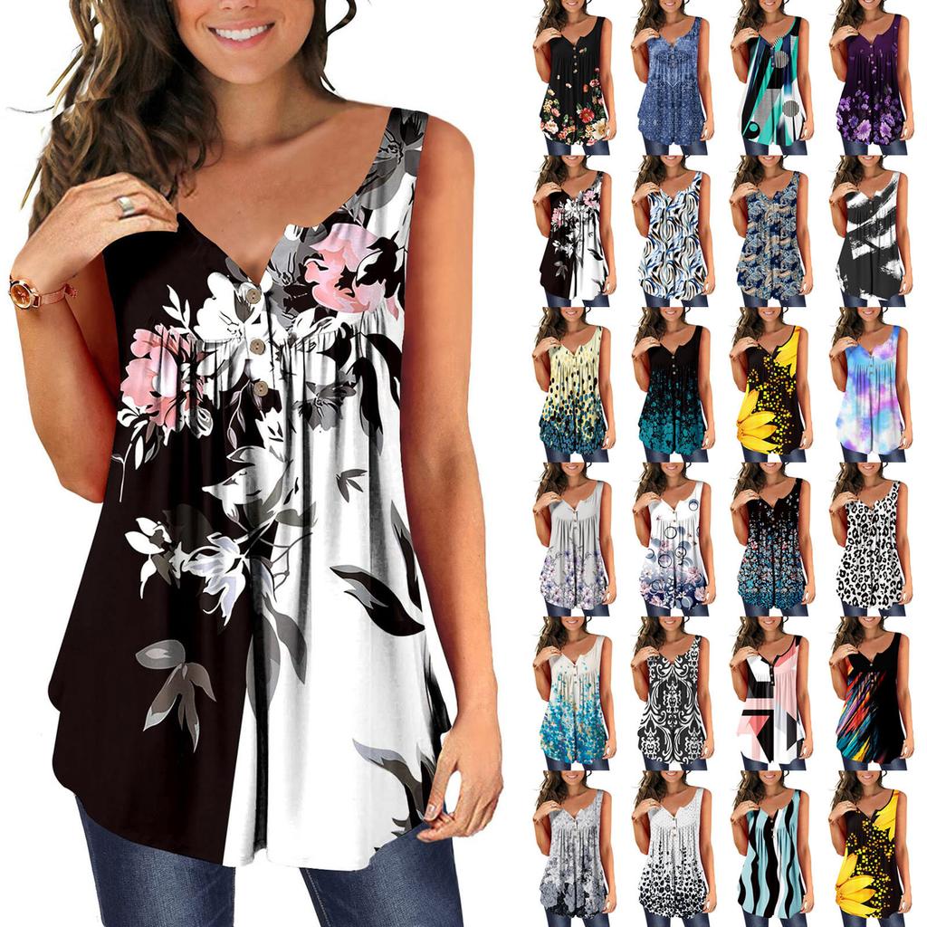 Women's Sleeveless Shirts Ruffle Tops Loose Tops Casual Oversized Tops Pleated Tops Button Down Casual Summer Floral Tops