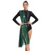 S-3XL Women Lyrical Dance Rhinestone Bodysuit Metallic Shiny Drape Long Sleeve Tassel Shoulder Boards Back Cutout Asymmetrical Leotard Jumpsuit