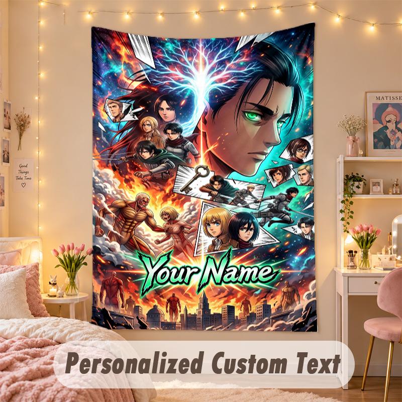 Custom Personalized Tapestry,Attack on Titan Print Custom Name Text Wall Art Hanging for Bedroom