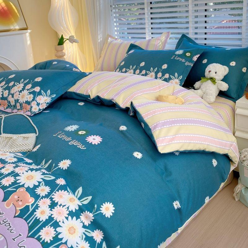 Thickened Pure Abraded Four-piece Set, Single Double Skin-friendly Twill Bed Sheet, Quilt Cover, Dormitory Three-piece Set, Bedding