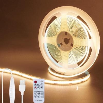 Clearhill 5V COB LED szalagfény távirányítós fényerőszabályzóval, 5 m, Melegfehér 3000K, 320 LED/méter, 8 mm széles, Nem vízálló IP20, 1,5 m USB kapcsolós kábel,