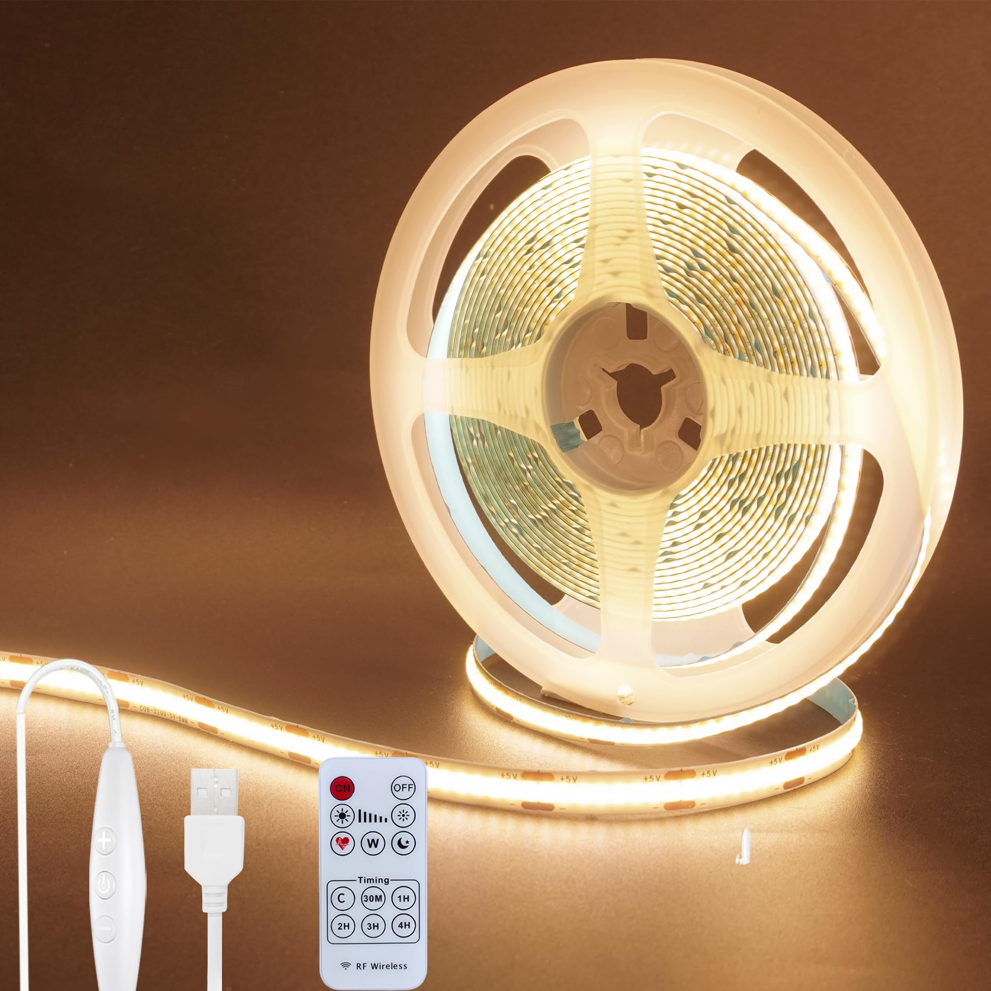 

Clearhill 5V COB LED Strip Light with Remote Dimmer, 5M, Warm White 3000K, 320 LEDs per Meter, 8mm Wide, Non-Waterproof IP20, 1.5M USB Switch Cable,