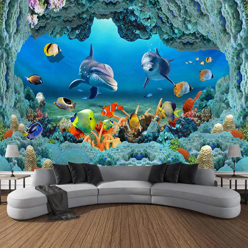 Unterwasserwelt Wandteppich Wandbehang Delfin Hai Seetang Heimkunst Dekoration Hintergrund Schlafzimmerwand Cartoon Dekoration