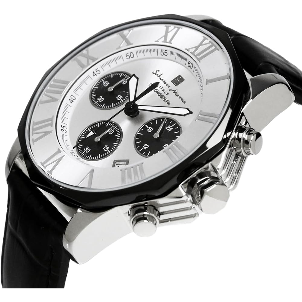 Salvatore Marra Chronograph Watch 10 ATM Water Resistant Men's Leather Strap Silver White Black Panda SM15104-SSWHBKLE
