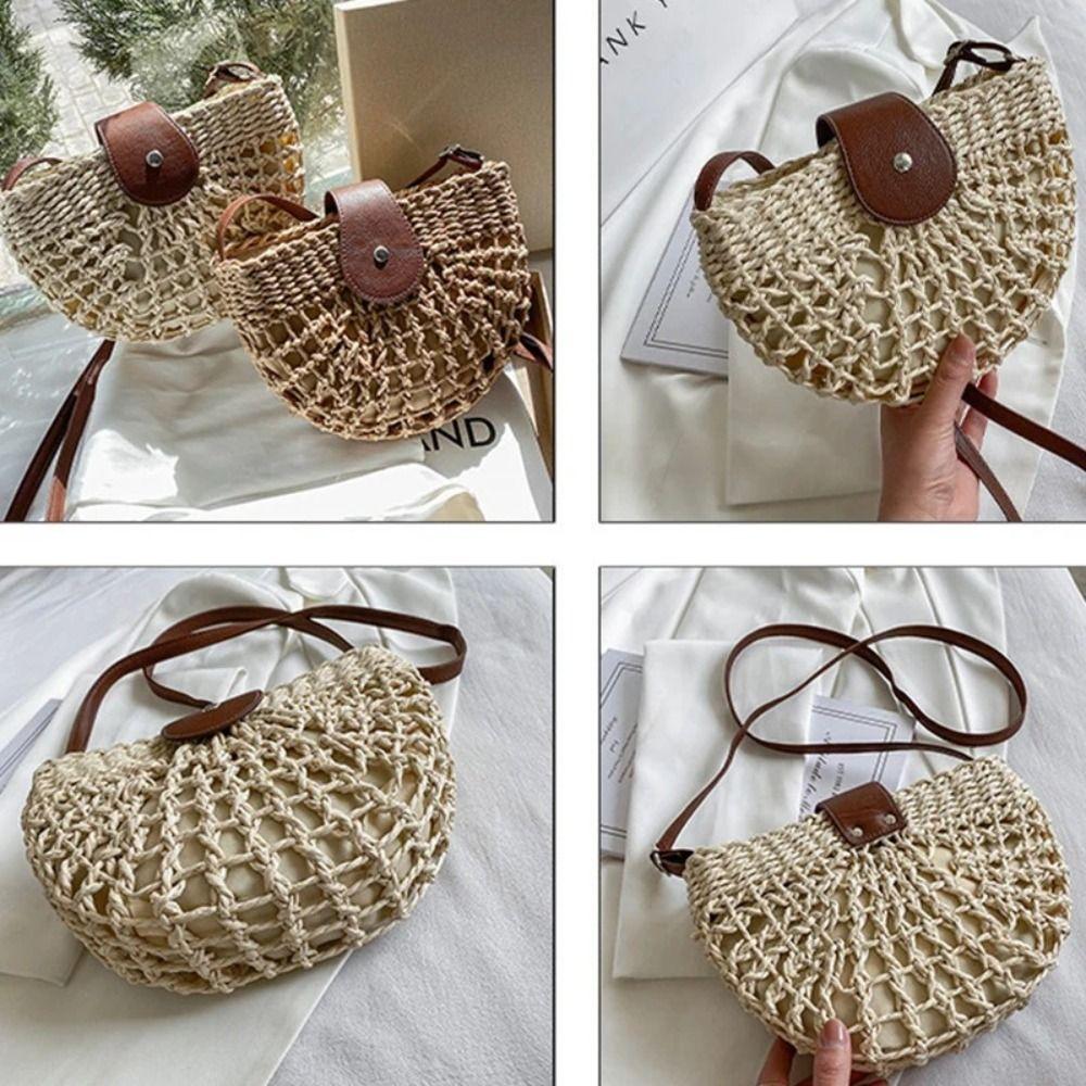 Rattan Semicircle Crossbody Bag Bohemian Beach Bag Trendy Weave Straw Shoulder Bag Shopping
