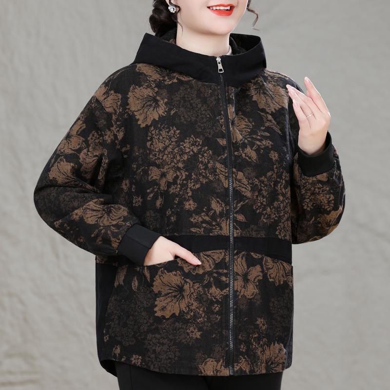 Ladies Oversized Floral Print Hooded Coat Zip Front Long Sleeve Autumn Outerwear for Elderly Women Plus Size