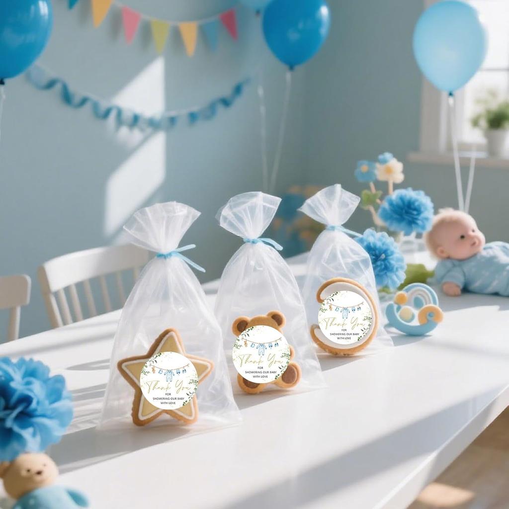 Whaline 100Pcs Baby Shower Clothes Thank You Stickers 2 Inch Cute Blue Clothes Round Adhesive Label Decals for Boy Birthday Party Decorations