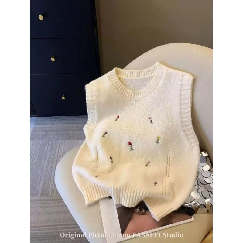 Flower Embroidered Autumn Knitted Vest Women College Korean Fashioest Fashion O Neck Sleeveless Coat Windproof Knit Tops