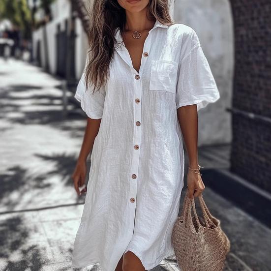 Women Shirt Lapel Short Sleeve Casual Commuter Style Shirt Solid Color Loose