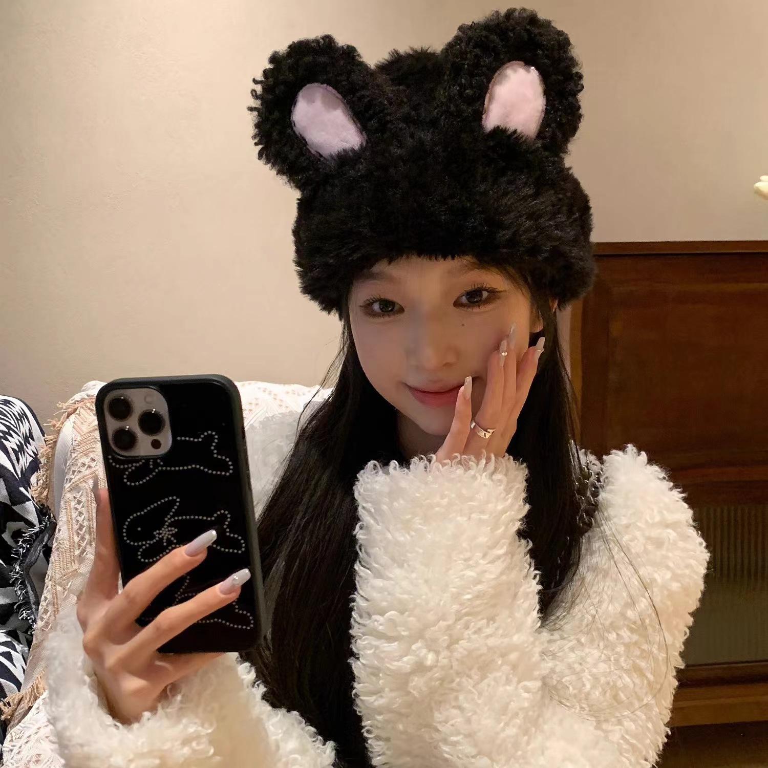 

Korean Cute Plush Rabbit Ear Hat for Women In Autumn and Winter Warm Knitted Hat Ear Protection Face Small Cold Hat Head Hat Trendy (54-59cm)