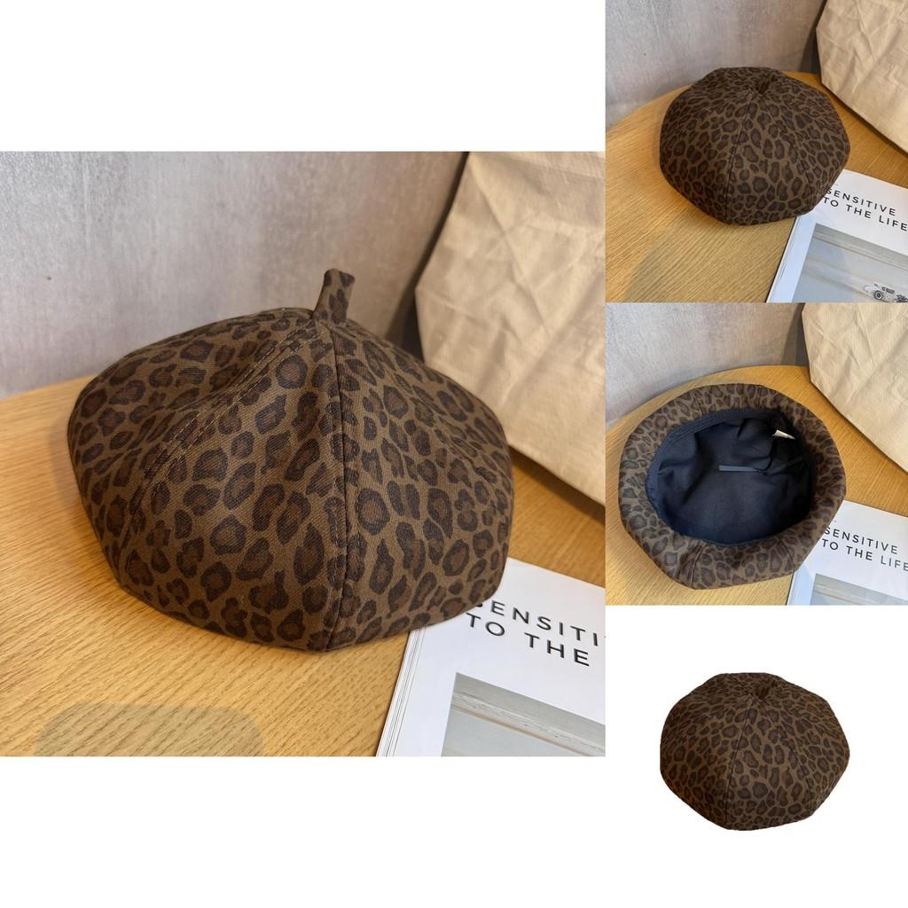 Leopard Print Beret For Women Vintage Fashion Warm Soft Leather Fall Accessory