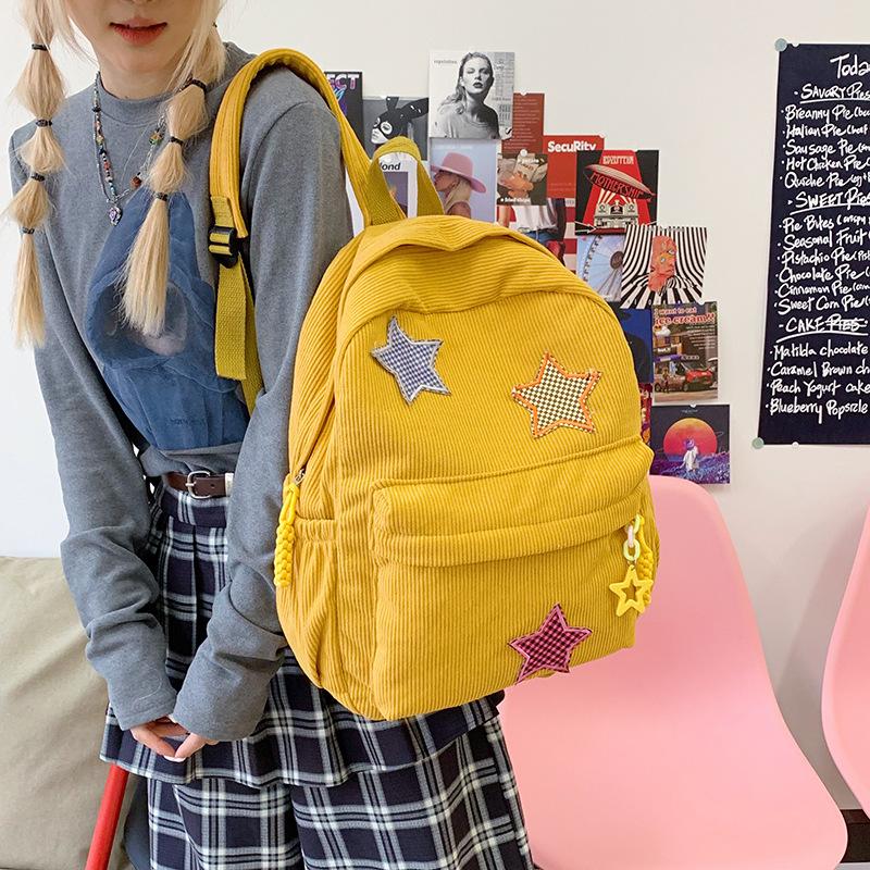 Corduroy Backpack Women'S Style Solid Color Versatile Star Schoolbag Female Middle School Student Small Backpack