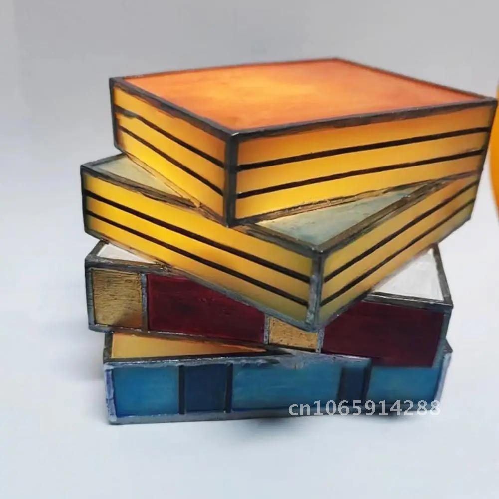 Stained Glass Stacked Book Nightstand Colorful Resin Vintage Desk Table Home Study Reading Lamp Bedroom Decoration