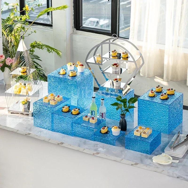 Dessert table Buffet table Food display rack Acrylic Cold Food Display Stand Hotel tea break table setup Ornament set Blue booth