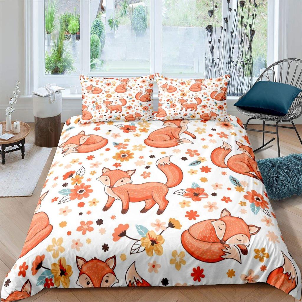 Comforter Fox Girls Cartoon Fox Bedding Set Lovely Animal Theme Comforter For Kids Teens King