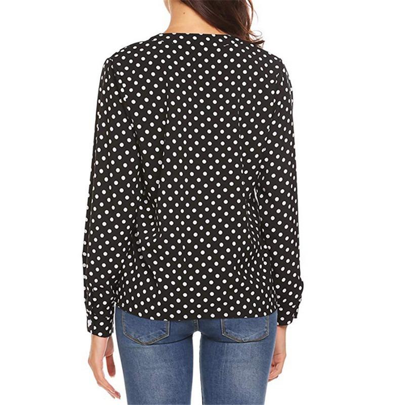 Women S Plus Size Long Sleeve V Neck Polka Dot Print Loose Blouse