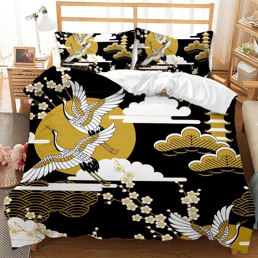 Japanese Style Comforter Cover Set Cherry Blossoms Crane 2/3pcs Polyester Bedding Set Sea Waves Duvet Cover Set Twin Queen Size