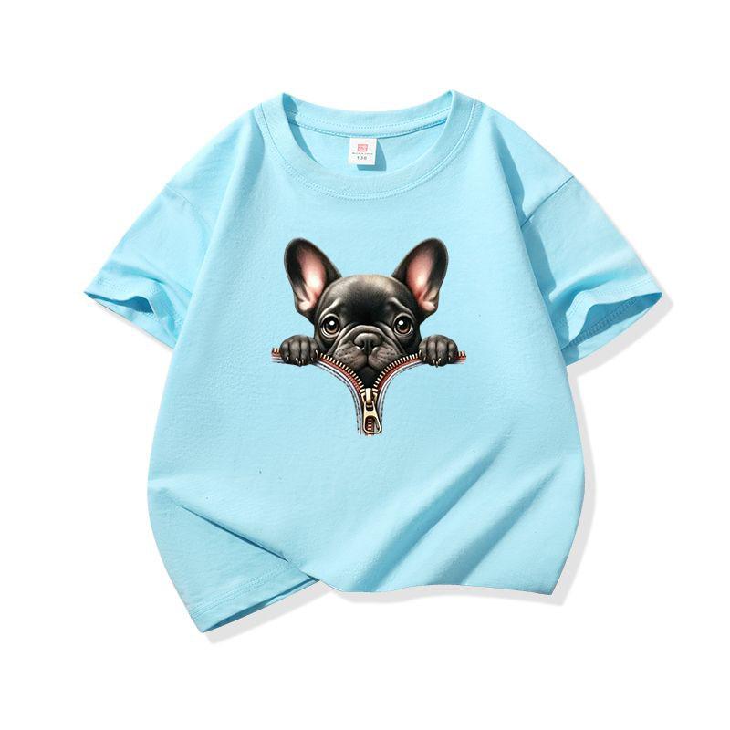 Kids Cotton T Shirt Adorable French Bulldog Zipper Print Crew Neck Short Sleeve Tee Casual Boys Girls Summer Tops