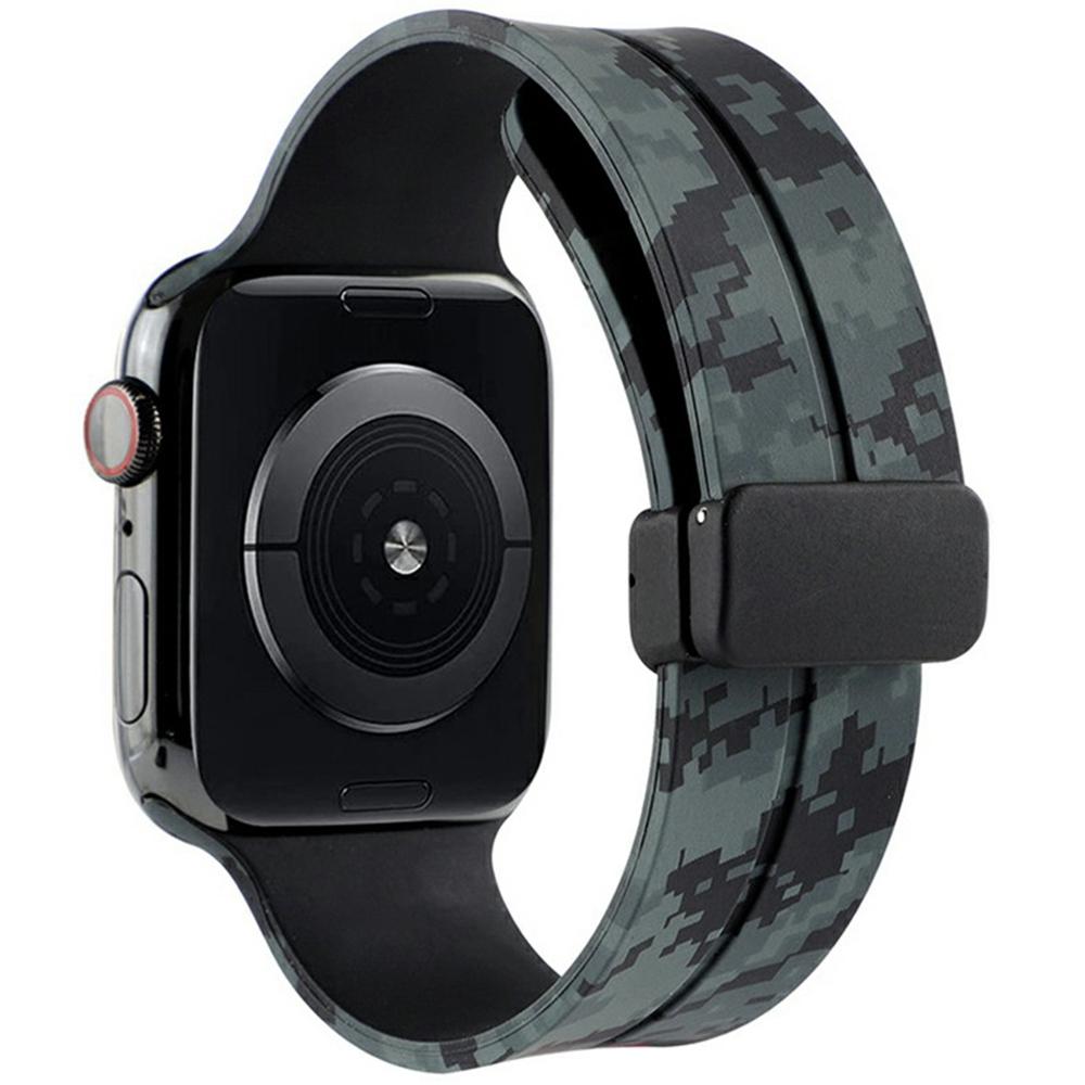 

KALEBOL Camouflage Silicone Strap for Apple Watch Series 10 9 8 7 SE 6 5 4 3 2 1 42mm 41mm 40mm 38mm Magnetic Watch Band Black