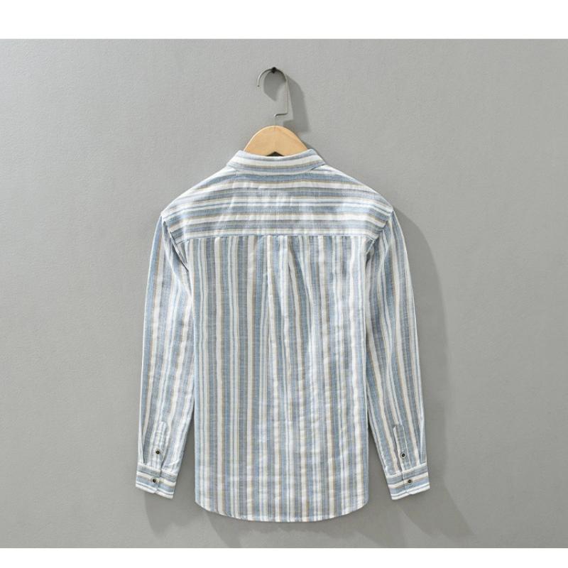 Spring and Summer Cotton Linen Men Tops Japanese Style Vintage Striped Long Sleeve Shirt Male Daily Square Button Shirt with Pocket