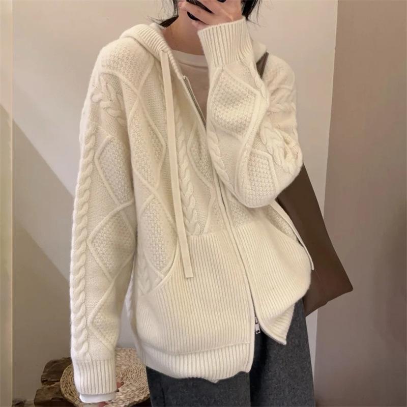 2025 Autumn/Winter Women's Thickened Pure Wool Hooded Cardigan with Pockets - Versatile Fashion Knitwear Outerwear