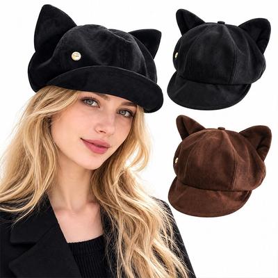 Soft Fabric Cat Ears Hat Solid Color Beret Hat Fashion Peaked Cap  Autumn Winter