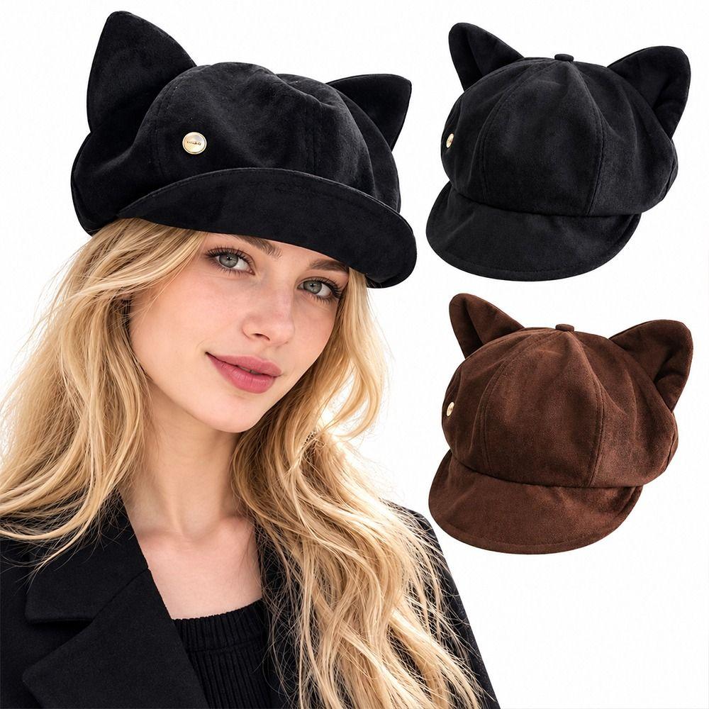 Soft Fabric Cat Ears Hat Solid Color Octagonal Hat Vintage Newsboy Cap Autumn Winter