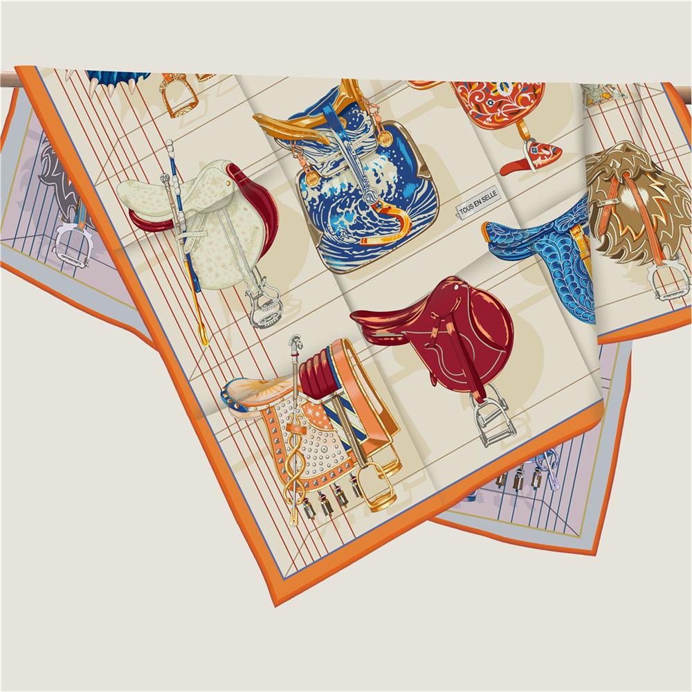 POBING Curled Twill Silk Scarf Women Saddle World Double Side Printed Square Scarves Wraps Echarpes Foulards Femme Hijab 90CM
