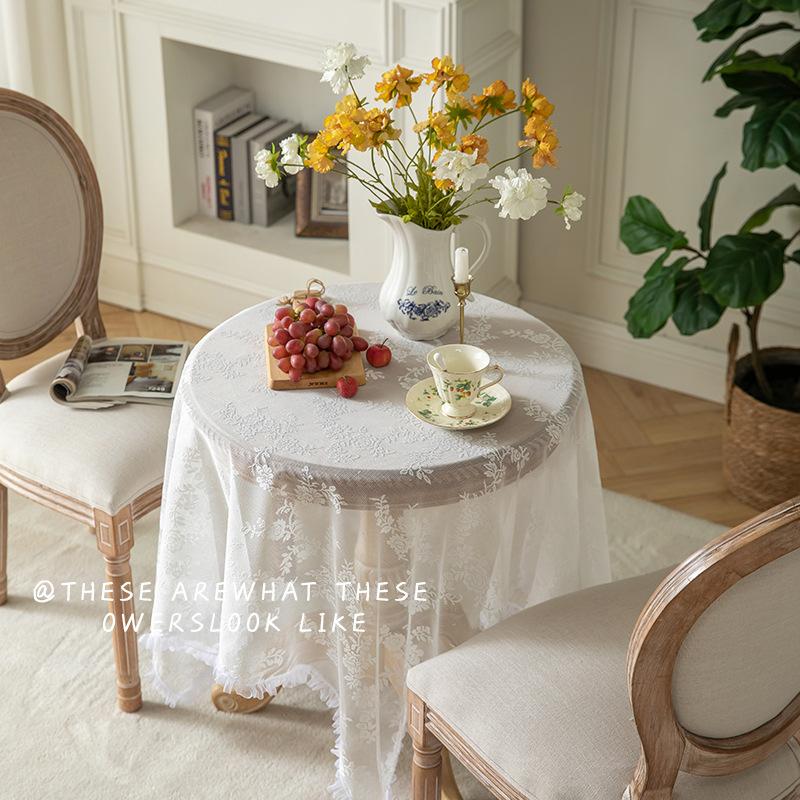 French Romantic Lace Tablecloth Wedding White Decorative Tablecloth High Sense Round Table Cloth Pastoral Embroidery Tablecloth Cover Towel