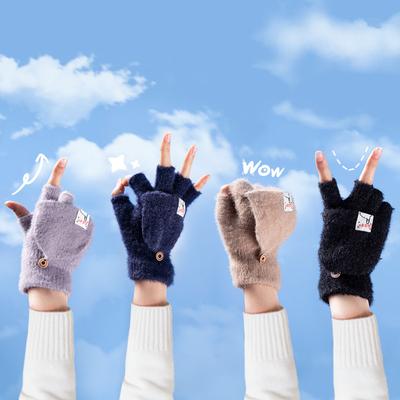 Plush Wool Autumn and Winter Half-finger Flip-up Gloves for Men and Women Warm Thickened Bag Cover Leaking Finger Imitation Mink Velvet Full Nylon