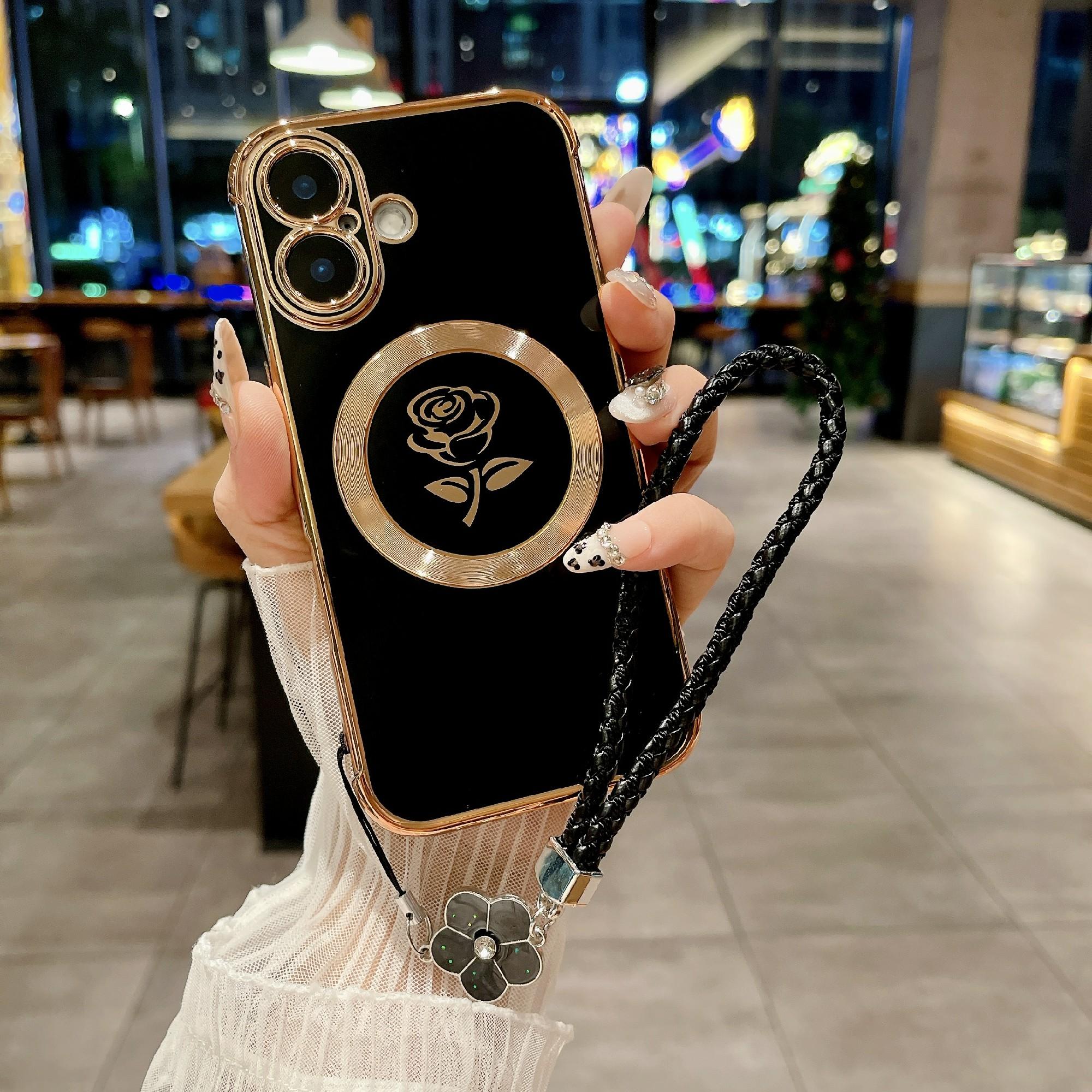 

Для iPhone 16 Магнитный чехол с плетеным ремешком Розовый цветок Гальванизированный ТПУ Чехол для телефона Black