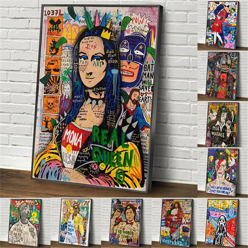Graffiti Umělecká díla Postava Mony Lisy Malba na plátně Abstraktní Plakáty a tisky Street Wall Art Obrázky Cuadros Living Room Decor