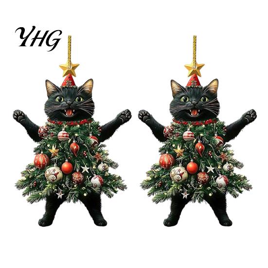 Cute Animal Tree Decor 2Pcs Christmas Cat Acrylic Ornament, 2D Flat Kitty Hanging Pendant with Indoor Holiday Ornaments Santa Hat Decor, Car Rearview