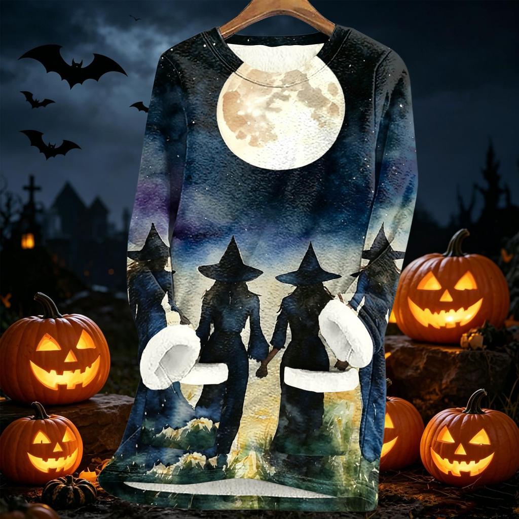 Women's Halloween Print -Lined Long Jacket for Fall and Winter Warmth