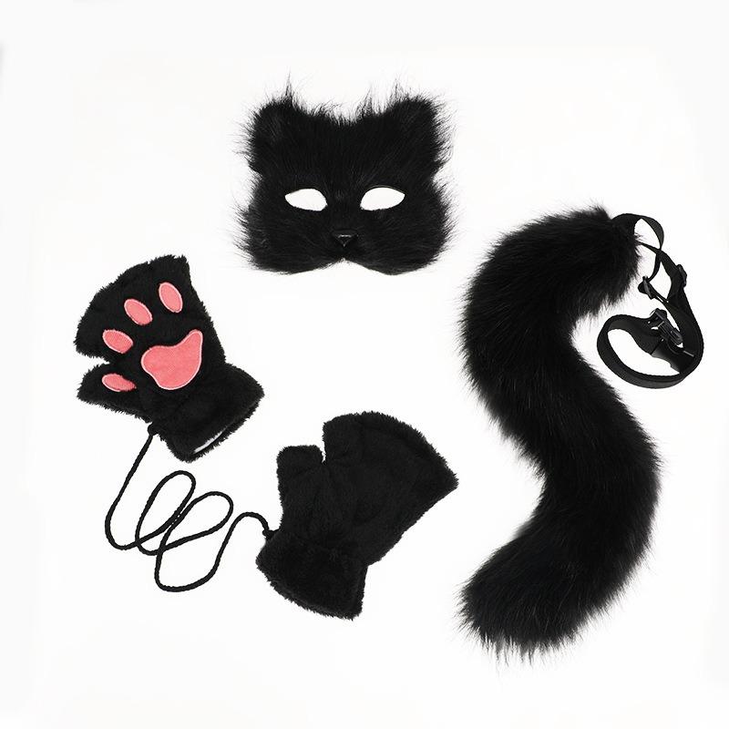 Cute plush fingerless gloves beast tail beast ear headdress cosplay plush mask hair accessories fox tail suit