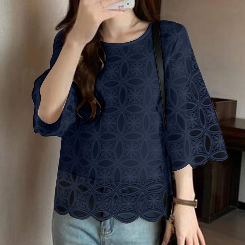 ZANZEA Women Casual Round Neck 3/4 Sleeve Loose Patchwork Lace Blouse