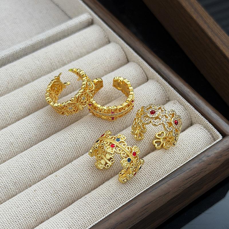 Mittelalterlich Vintage Hofstil Retro Gold Hohl Farbig Schatz Mit Diamanten Zir*****Stift Ring Stapelring Frau