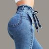 Women Jeans Skinny Elastic Denim Jeans Casual Fashion Tassel Belt High Waist Bleached Pencil Pants S-5XL Long Trousers 30208