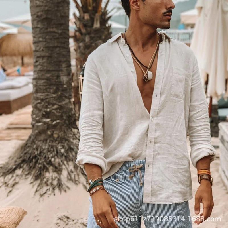 Mens Solid Color Loose Casual Long Sleeve Beach Shirt